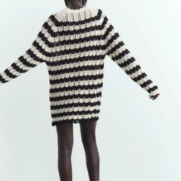 Black Cream Striped Pointelle Open Knit Long Sleeve Pullover Tunic Sweater (NWT) - Picture 3 of 7